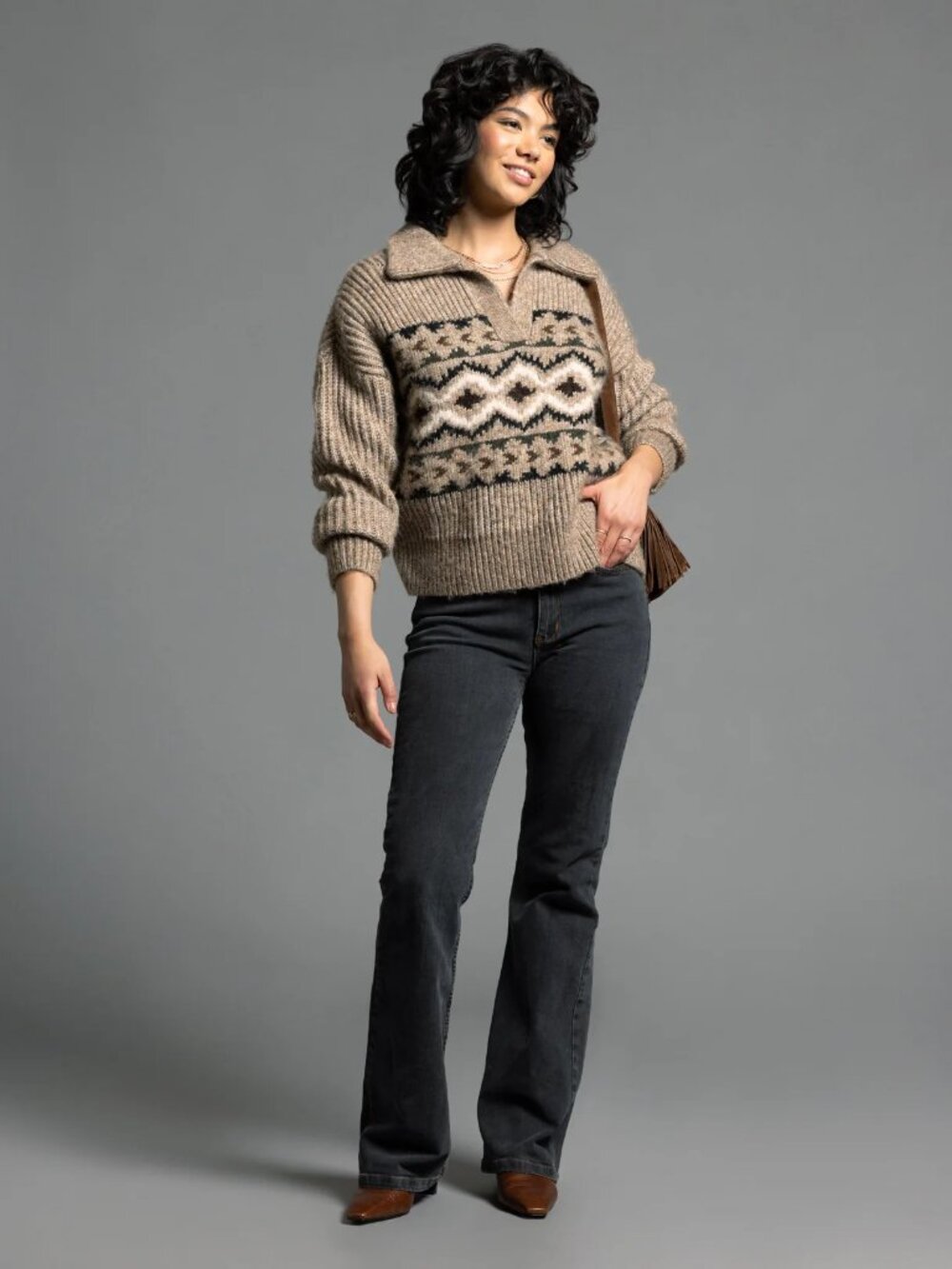 2/$30 Weekend Spencer Popover in Barley Aztec Knit Collared Sweater XS #A2041